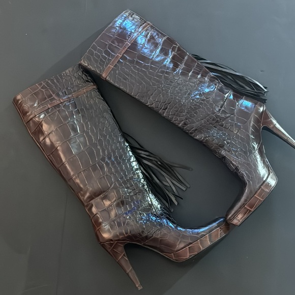 Charles David Brown Crocodile Knee Boots with Tassel - Picture 9 of 17